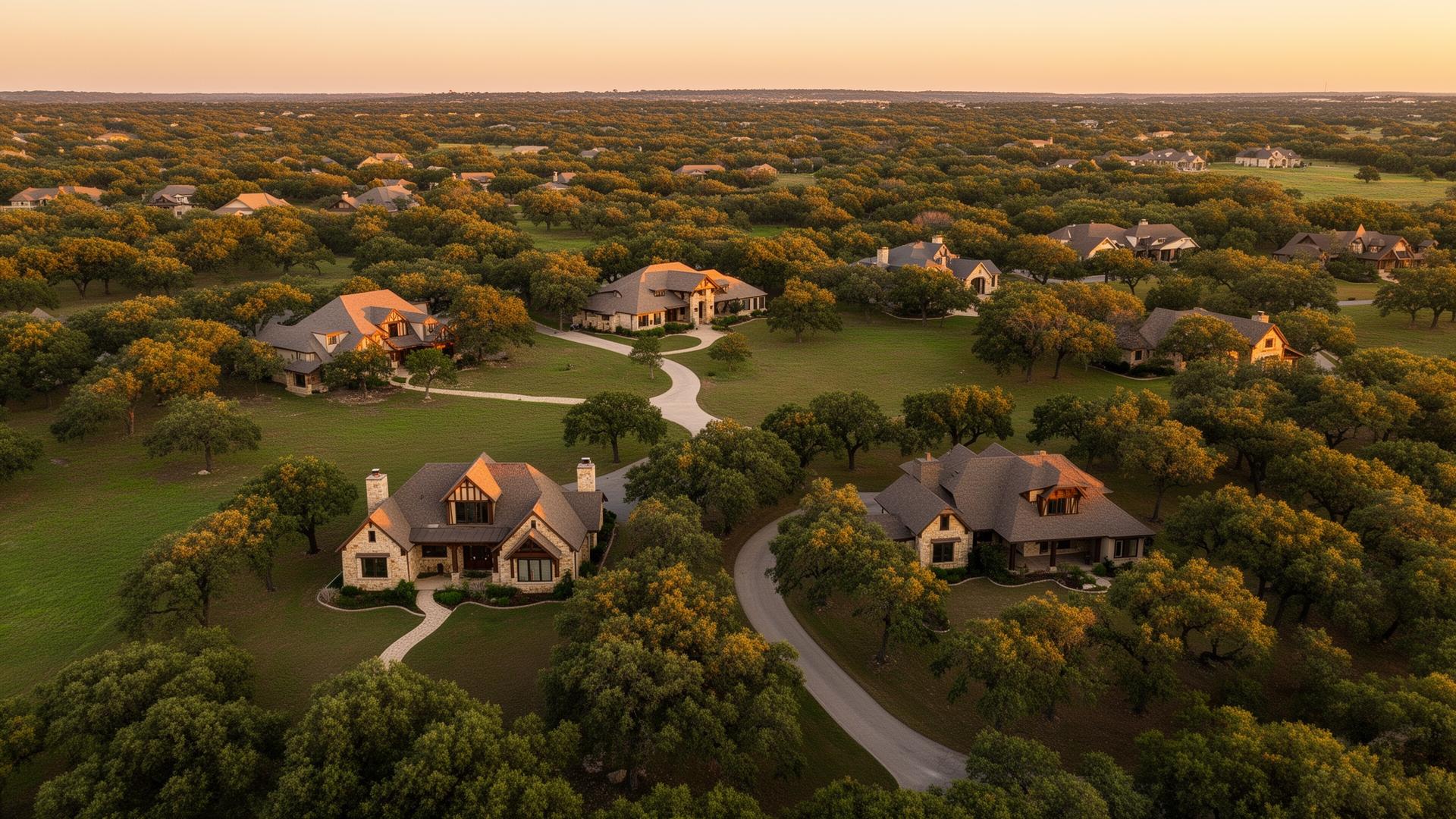 Aerial view of Arrington Ranch homes at golden hour